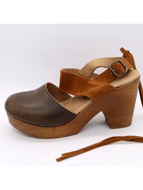 Free People Belmont Brown Leather Ankle Strap High Heel Clogs Women's Sz 36 / 6 - Picture 3 of 16